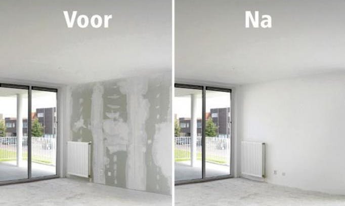 Muur voor en na het stucen